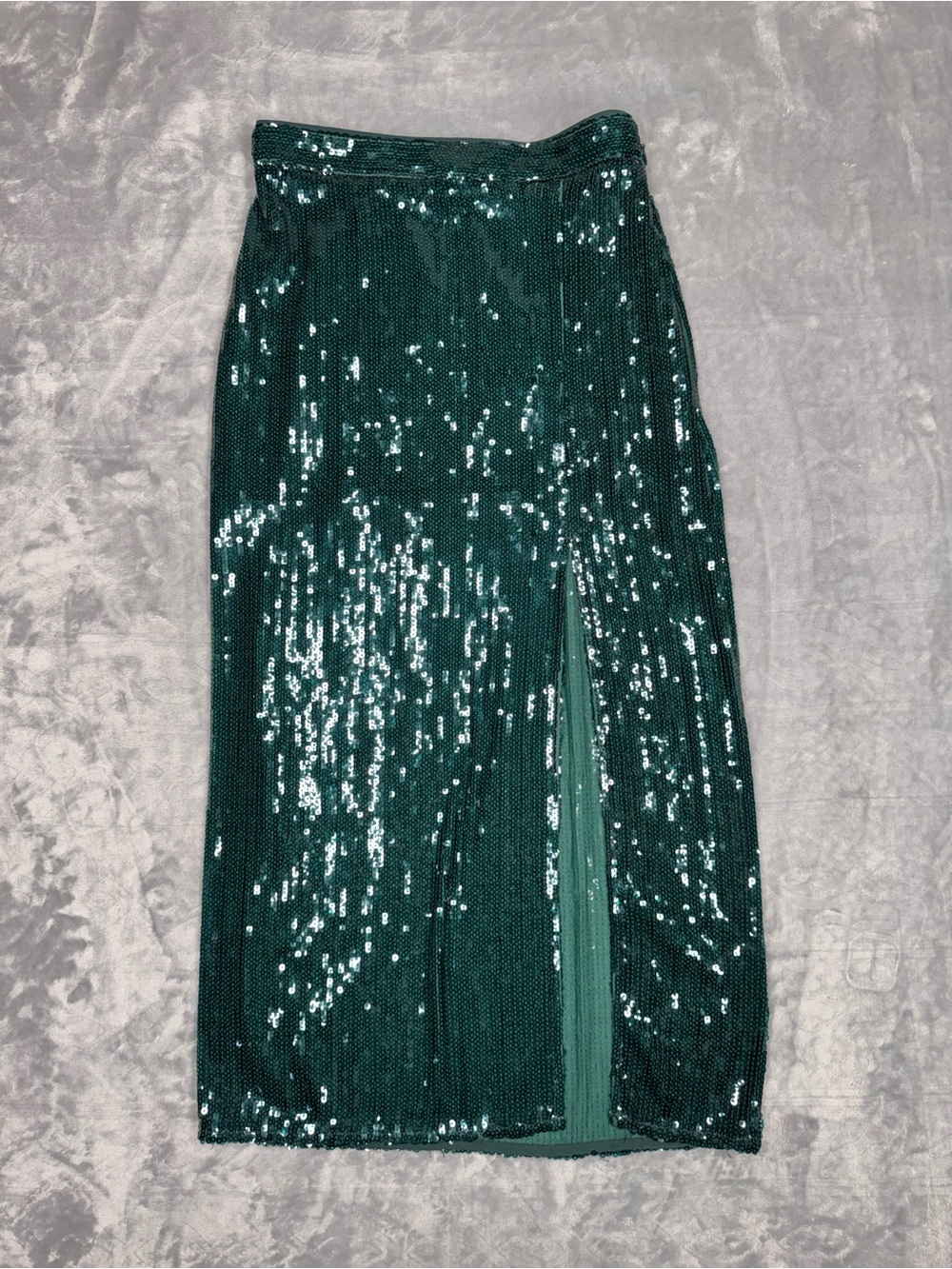 H&M Emerald Green Sequin Midi Skirt with Front Slit